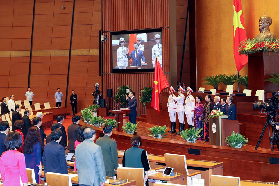 Chủ tịch Quốc hội Vương Đình Huệ, Chủ tịch Hội đồng Bầu cử quốc gia phát biểu tại lễ tuyên thệ nhậm chức. (Ảnh: Trí Dũng/TTXVN)
