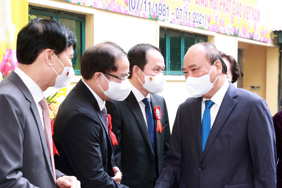 Chủ tịch nước Nguyễn Xuân Phúc và các đại biểu tại lễ kỷ niệm. (Ảnh: Thống Nhất/TTXVN)