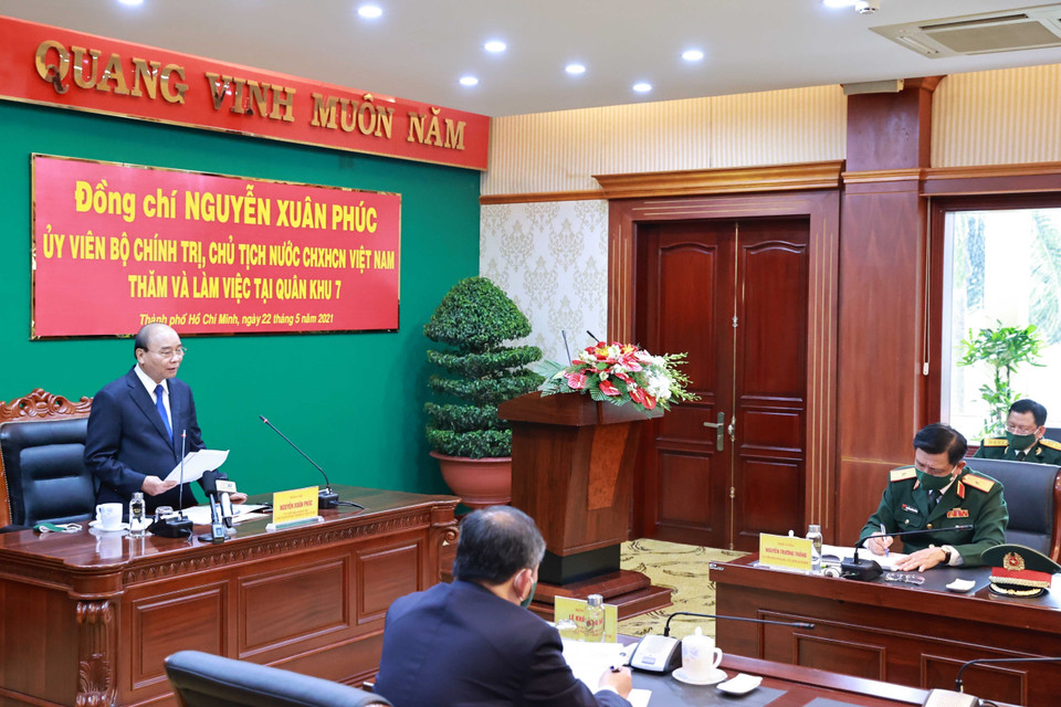 Chủ tịch nước Nguyễn Xuân Phúc, Chủ tịch Hội đồng Quốc phòng An ninh phát biểu. (Ảnh: Thống Nhất/TTXVN)