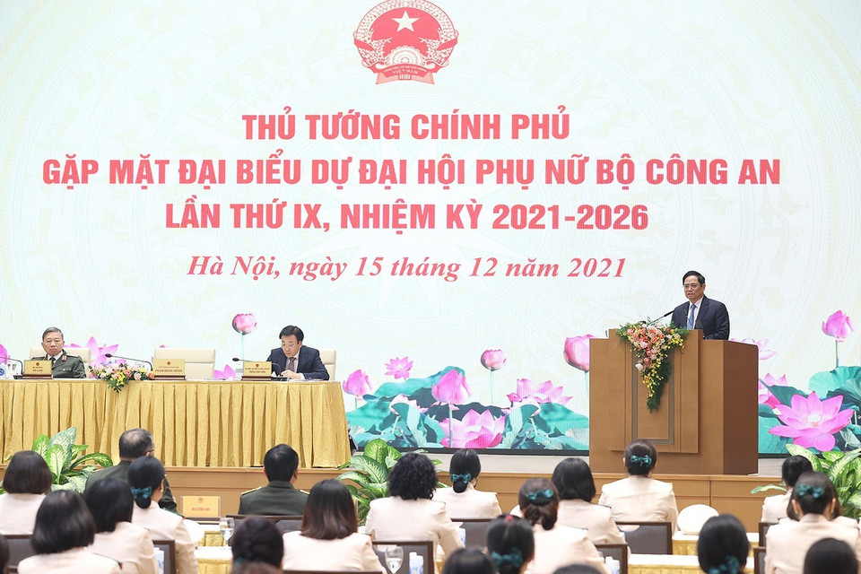 Thủ tướng Phạm Minh Chính phát biểu tại buổi gặp mặt. (Ảnh: Dương Giang/TTXVN)