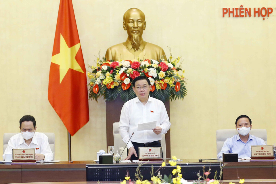 Hình ảnh Chủ tịch Quốc hội Vương Đình Huệ phát biểu. (Ảnh: Doãn Tấn/TTXVN)