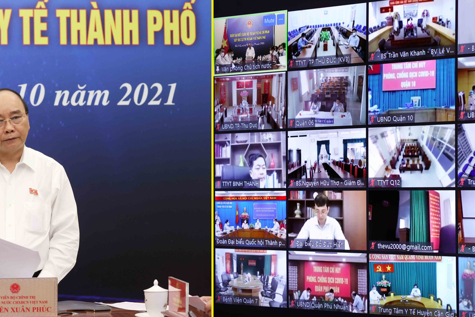 Chủ tịch nước Nguyễn Xuân Phúc và Đoàn đại biểu Quốc hội Thành phố Hồ Chí Minh tiếp xúc cử tri chuyên đề ngành y tế Thành phố Hồ Chí Minh theo hình thức trực tuyến. (Ảnh: Thống Nhất/TTXVN)