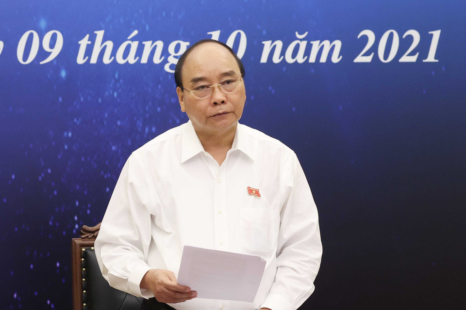 Hình ảnh Chủ tịch nước Nguyễn Xuân Phúc phát biểu tại điểm cầu Hà Nội. (Ảnh: Thống Nhất/TTXVN)