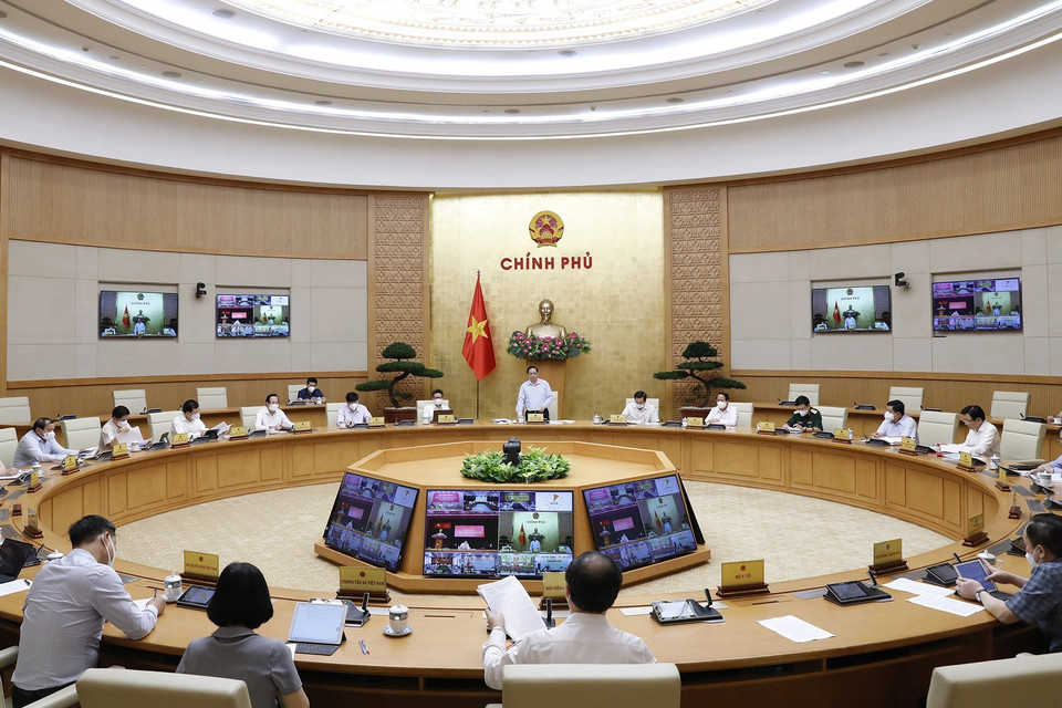 Quang cảnh Hội nghị trực tuyến sơ kết công tác phòng chống dịch COVID-19 tại các tỉnh, thành phố đang thực hiện giãn cách xã hội theo Chỉ thị số 16. (Ảnh: Dương Giang/TTXVN) 