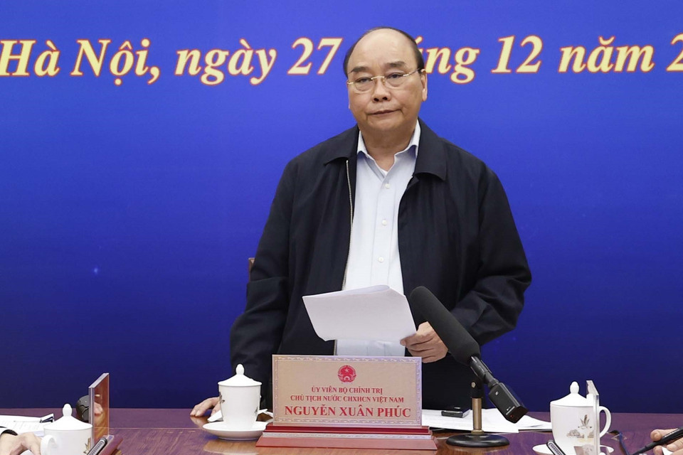  Chủ tịch nước Nguyễn Xuân Phúc phát biểu tại hội nghị, diễn ra theo hình thức trực tiếp kết hợp trực tuyến. (Ảnh: Phương Hoa/TTXVN)