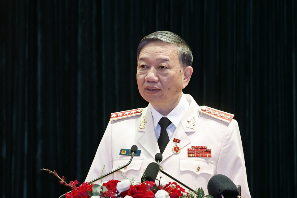 Đại tướng Tô Lâm, Ủy viên Bộ Chính trị, Bộ trưởng Bộ Công an phát biểu. (Ảnh: Thống Nhất/TTXVN)