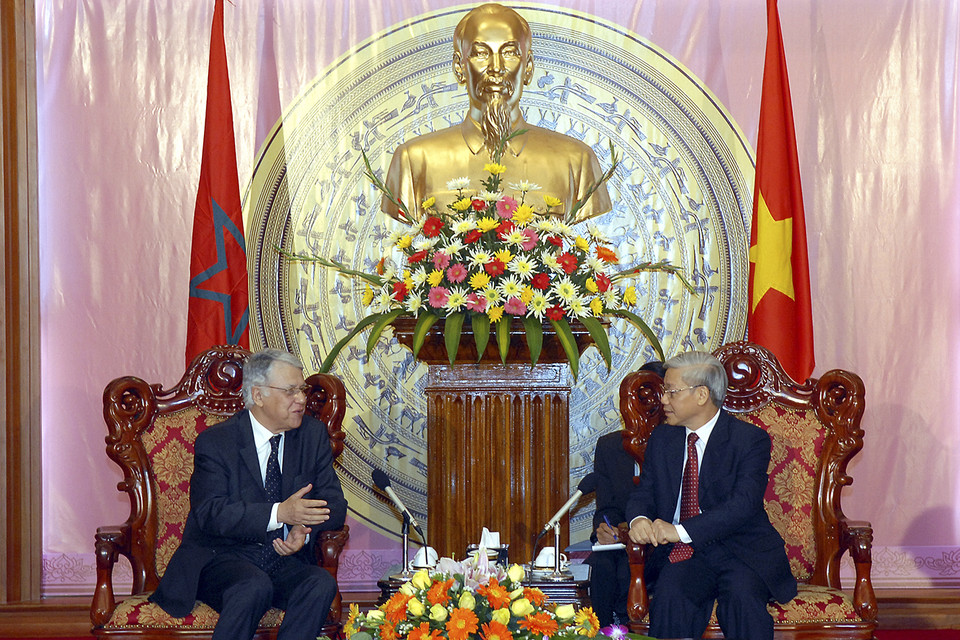 Chủ tịch Quốc hội Nguyễn Phú Trọng tiếp Thủ tướng Maroc Abbas El Fassi thăm chính thức Việt Nam (Hà Nội, 24/11/2008). (Ảnh: Nhan Sáng/TTXVN)