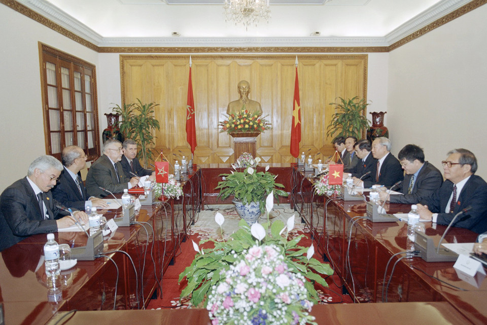 Chủ tịch Quốc hội Nguyễn Văn An hội đàm với Chủ tịch Hạ viện Maroc Abdelwahed Radi thăm chính thức Việt Nam (3-7/3/2003). (Ảnh: Trí Dũng/TTXVN)