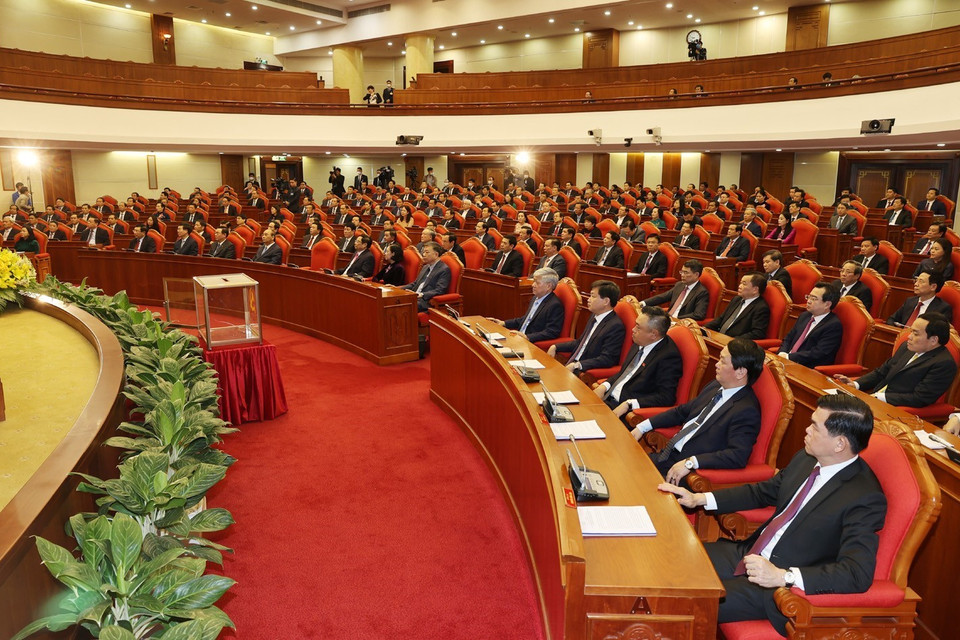 Các đồng chí lãnh đạo Đảng, Nhà nước và các đại biểu dự phiên bế mạc Hội nghị. (Ảnh: Trí Dũng/TTXVN)