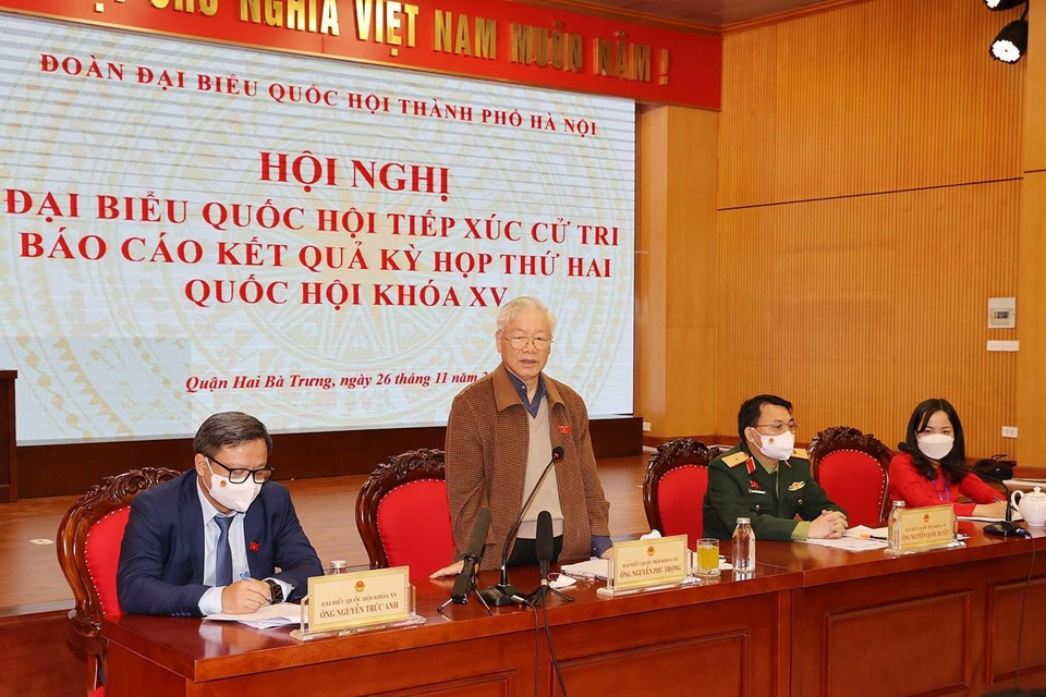 Hình ảnh Tổng Bí thư Nguyễn Phú Trọng phát biểu tại buổi tiếp xúc cử tri. (Ảnh: Trí Dũng/TTXVN)