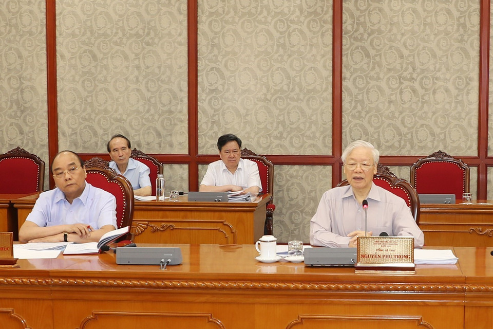 Tổng Bí thư Nguyễn Phú Trọng phát biểu kết luận cuộc họp. (Ảnh: Trí Dũng/TTXVN)