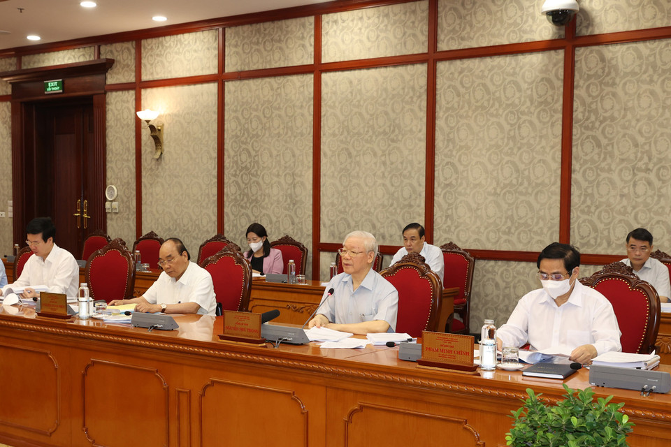 Tổng Bí thư Nguyễn Phú Trọng phát biểu kết luận cuộc họp. (Ảnh: Trí Dũng/TTXVN)