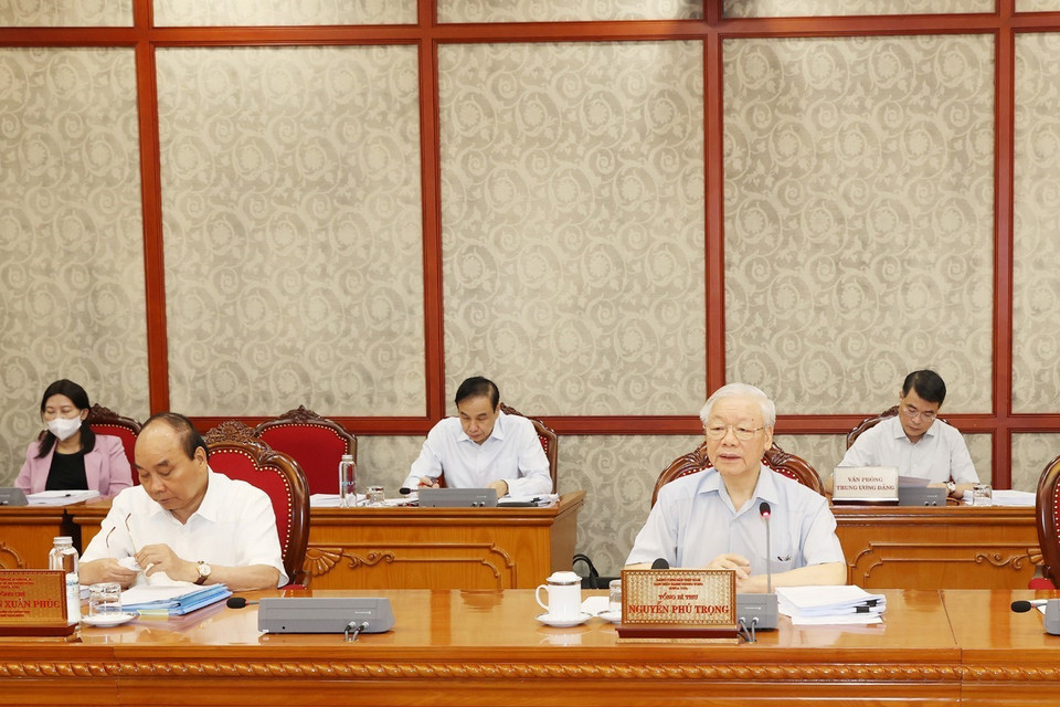 Tổng Bí thư Nguyễn Phú Trọng chủ trì cuộc họp. (Ảnh: Trí Dũng/TTXVN)