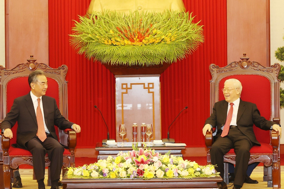 Chiều 11/9/2021, tại Trụ sở Trung ương Đảng, Tổng Bí thư Nguyễn Phú Trọng tiếp Ủy viên Quốc vụ, Bộ trưởng Ngoại giao Trung Quốc Vương Nghị thăm chính thức Việt Nam và dự Phiên họp lần thứ 13 Ủy ban Chỉ đạo hợp tác song phương Việt Nam-Trung Quốc. (Ảnh: Trí Dũng/TTXVN)