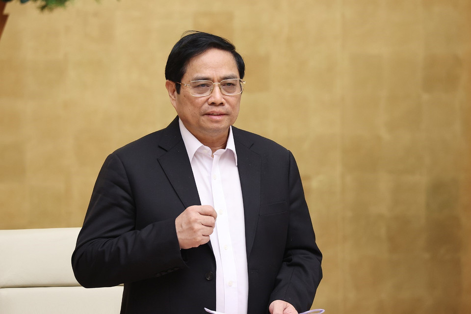 Hình ảnh Thủ tướng Phạm Minh Chính phát biểu kết luận hội nghị. (Ảnh: Dương Giang/TTXVN)