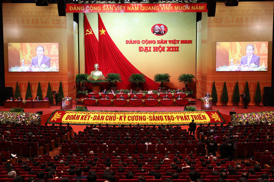  Đại hội nghe đồng chí Trần Thanh Mẫn, Bí thư Trung ương Đảng, Chủ tịch Ủy ban Trung ương Măt trận Tổ quốc Việt Nam trình bày tham luận. (Ảnh: TTXVN)