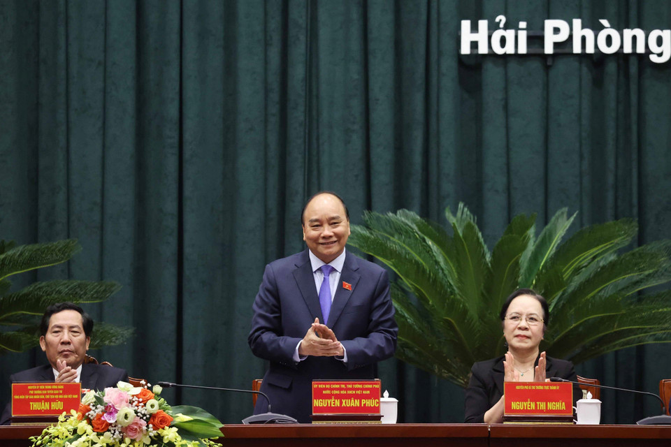 Thủ tướng Nguyễn Xuân Phúc phát biểu tại buổi tiếp xúc. (Ảnh: Thống Nhất/TTXVN)