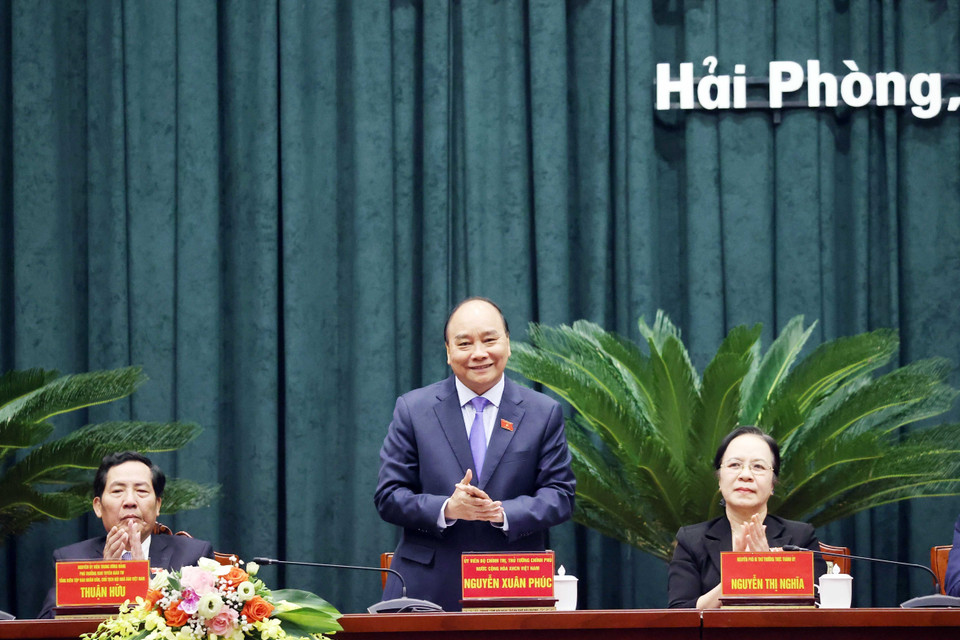 Thủ tướng Nguyễn Xuân Phúc phát biểu tại buổi tiếp xúc. (Ảnh: Thống Nhất/TTXVN)