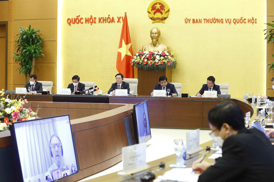 Quang cảnh cuộc làm việc giữa Chủ tịch Quốc hội Vương Đình Huệ và Đoàn doanh nghiệp cấp cao của Hội đồng kinh doanh Hoa Kỳ- ASEAN. (Ảnh: Doãn Tấn/TTXVN)