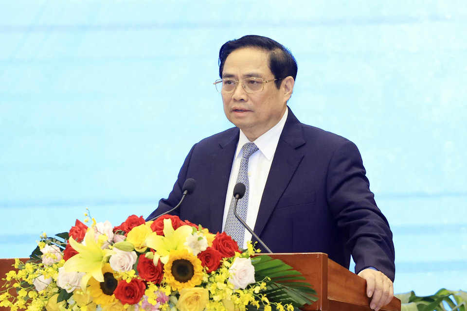 Thủ tướng Chính phủ Phạm Minh Chính, Phó trưởng Ban Chỉ đạo phát biểu khai mạc hội thảo. (Ảnh: Thống Nhất/TTXVN)