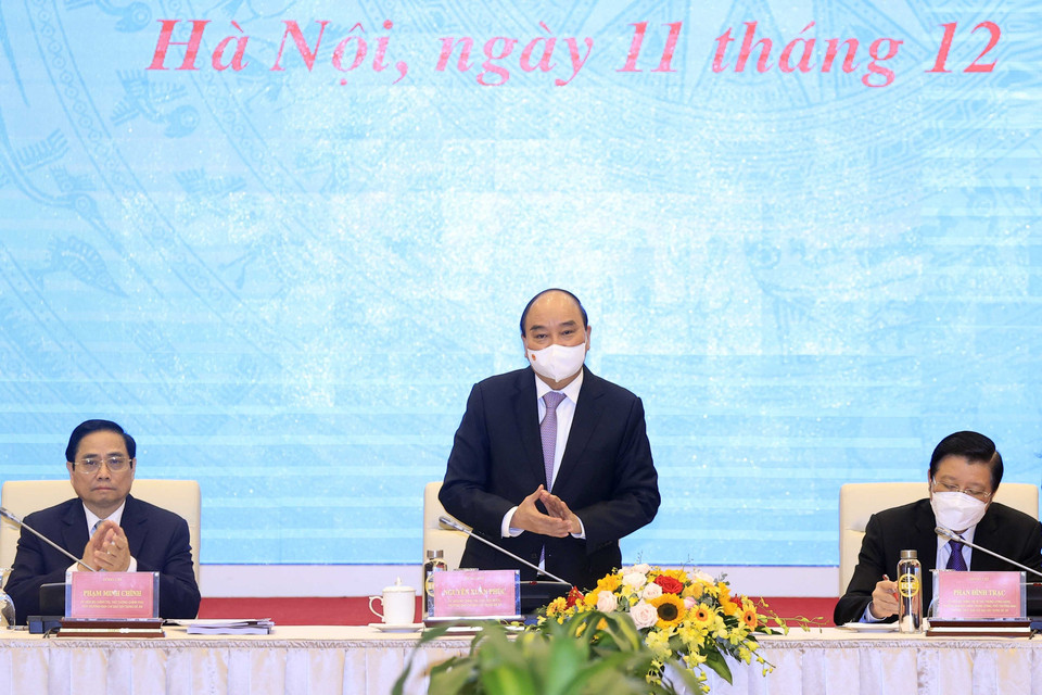 Chủ tịch nước Nguyễn Xuân Phúc chủ trì hội thảo về nhà nước pháp quyền xã hội chủ nghĩa. (Ảnh: Thống Nhất/TTXVN)