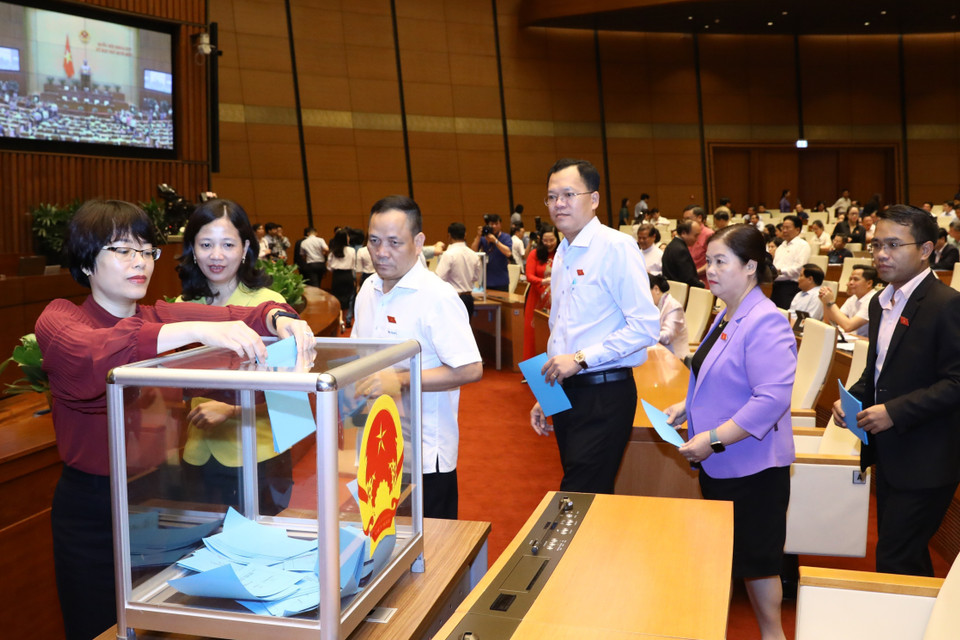 Các đại biểu Quốc hội bỏ phiếu miễn nhiệm Thủ tướng Chính phủ. (Ảnh: Văn Điệp/TTXVN)