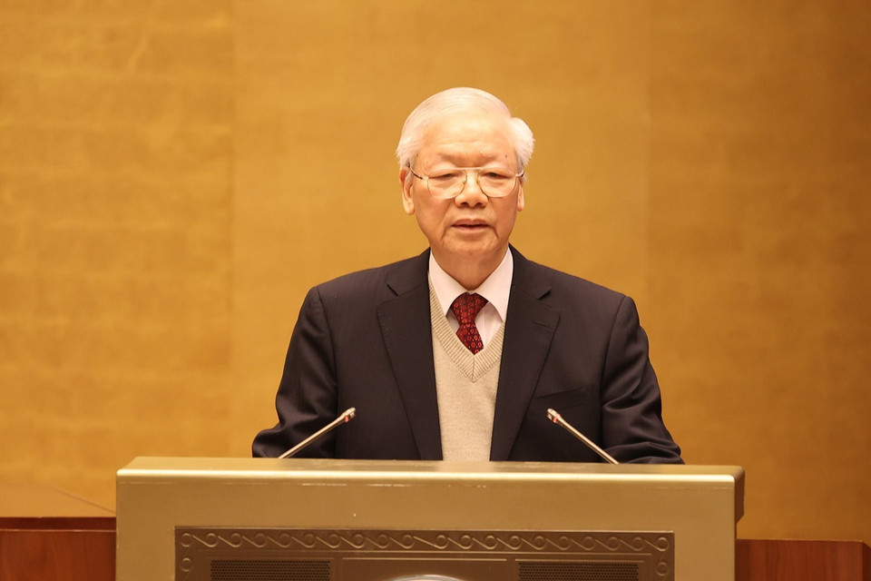 Hình ảnh Tổng Bí thư Nguyễn Phú Trọng phát biểu chỉ đạo hội nghị. (Ảnh: Trí Dũng/TTXVN)