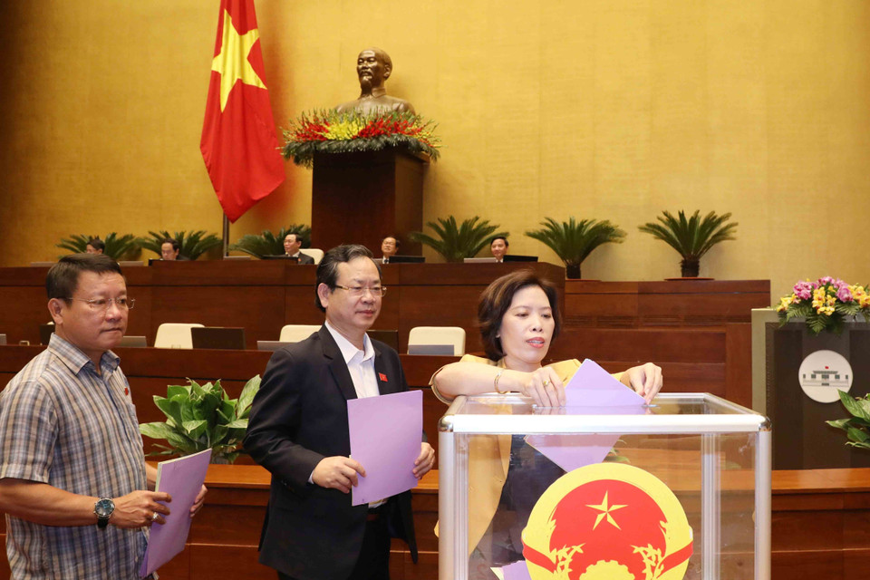 Đại biểu Quốc hội bỏ phiếu miễn nhiệm Phó Chủ tịch nước, một số ủy viên Ủy ban Thường vụ Quốc hội, Chủ nhiệm một số Ủy ban của Quốc hội, Tổng Thư ký Quốc hội, Tổng Kiểm toán nhà nước. (Ảnh: Phương Hoa/TTXVN)