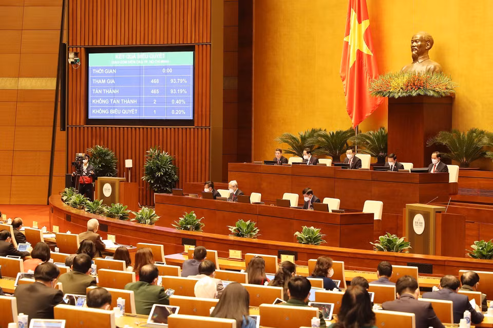 Quốc hội biểu quyết thông qua Nghị quyết về dự toán ngân sách nhà nước năm 2022 với 93,19% số phiếu tán thành. (Ảnh: Trọng Đức/TTXVN)