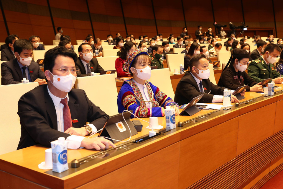 Đại biểu Quốc hội biểu quyết thông qua Nghị quyết về dự toán ngân sách nhà nước năm 2022. (Ảnh: Trọng Đức/TTXVN)