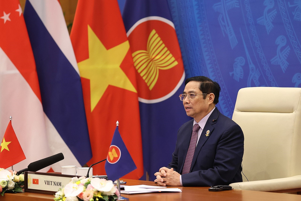 Thủ tướng Phạm Minh Chính phát biểu tại Hội nghị cấp cao ASEAN-Ấn Độ lần thứ 18. (Ảnh: Dương Giang/TTXVN)