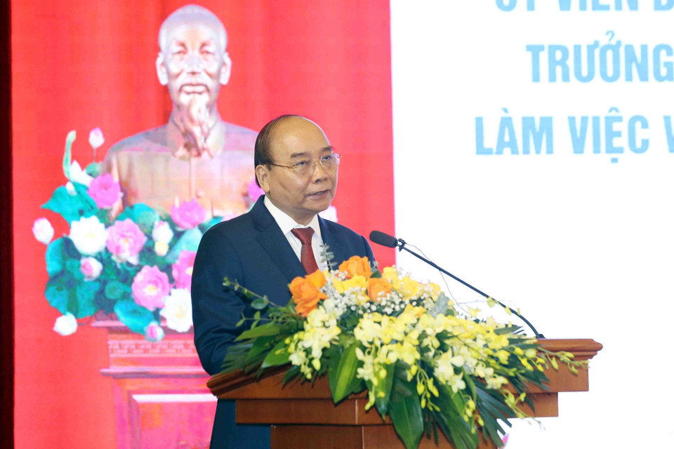 Hình ảnh Chủ tịch nước Nguyễn Xuân Phúc phát biểu tại buổi làm việc. (Ảnh: Phạm Kiên/TTXVN)