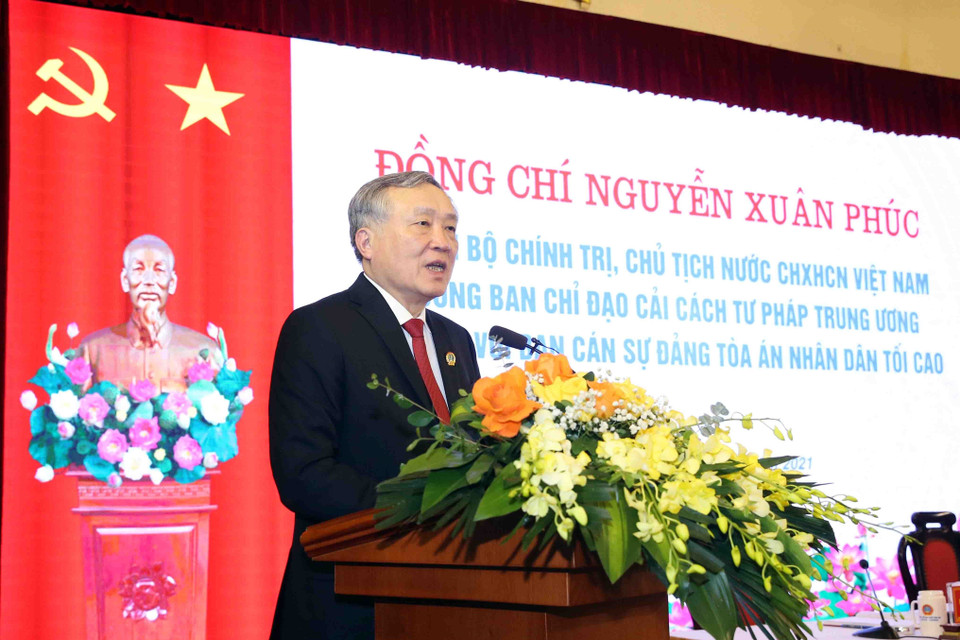 Ông Nguyễn Hòa Bình, Ủy viên Bộ Chính trị, Bí thư Trung ương Đảng, Chánh án Tòa án Nhân dân tối cao phát biểu.(Ảnh: Phạm Kiên/TTXVN)