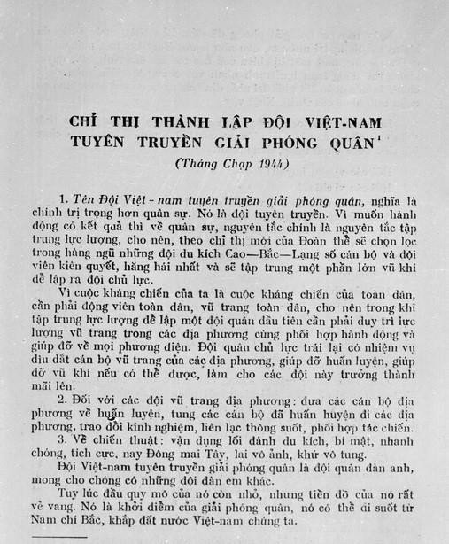 Bản chỉ thị của Hồ Chủ tịch về việc thành lập Đội Việt Nam tuyên truyền giải phóng quân viết tháng 12/1941. (Nguồn: TTXVN)