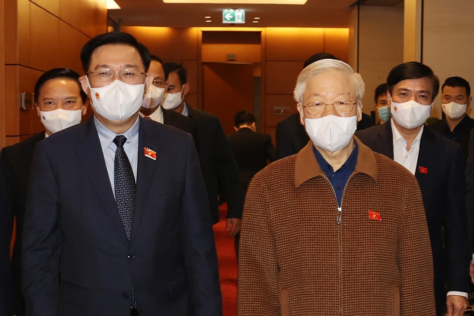 Tổng Bí thư Nguyễn Phú Trọng, Chủ tịch Quốc hội Vương Đình Huệ dự Kỳ họp thứ hai, Quốc hội khóa XV. (Ảnh: Trí Dũng/TTXVN)