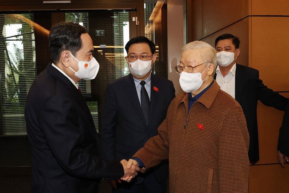 Tổng Bí thư Nguyễn Phú Trọng cùng các lãnh đạo Đảng, Nhà nước dự Kỳ họp thứ hai, Quốc hội khóa XV. (Ảnh: Trí Dũng/TTXVN)