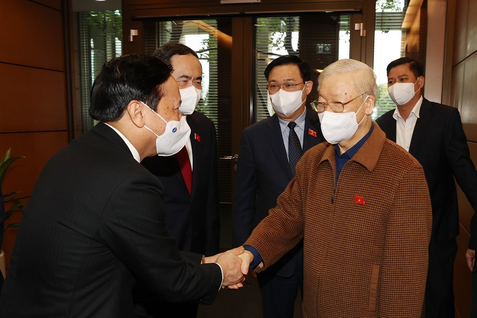 Tổng Bí thư Nguyễn Phú Trọng cùng các lãnh đạo Đảng, Nhà nước dự Kỳ họp thứ hai, Quốc hội khóa XV. (Ảnh: Trí Dũng/TTXVN)