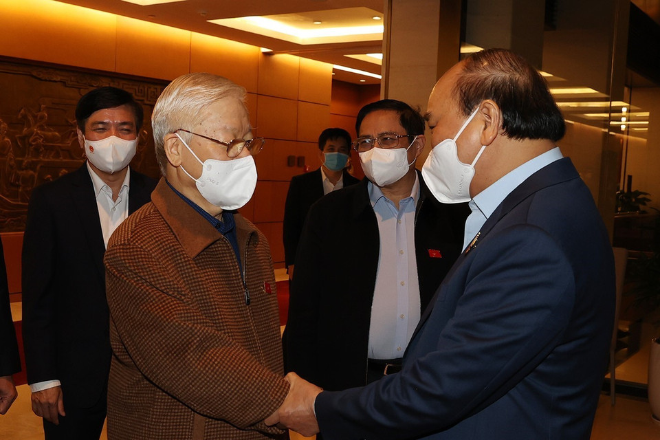 Tổng Bí thư Nguyễn Phú Trọng, Chủ tịch nước Nguyễn Xuân Phúc,Thủ tướng Chính phủ Phạm Minh Chính dự Kỳ họp thứ hai, Quốc hội khóa XV. 