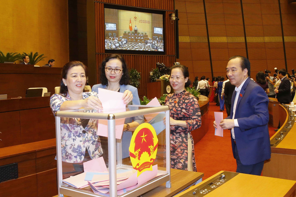 Đại biểu Quốc hội bỏ phiếu phê chuẩn đề nghị việc bổ nhiệm một số Phó Thủ tướng Chính phủ, một số Bộ trưởng và thành viên khác của Chính phủ. (Ảnh: Doãn Tấn/TTXVN)