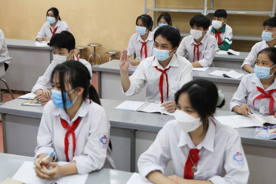 Do huyện Ba Vì hiện vẫn là vùng xanh, không xuất hiện thêm ca F0 nên đây là địa phương duy nhất được Ủy ban Nhân dân thành phố Hà Nội cho phép đón học sinh trở lại trường đối với khối lớp 9. (Ảnh: Thanh Tùng/TTXVN)