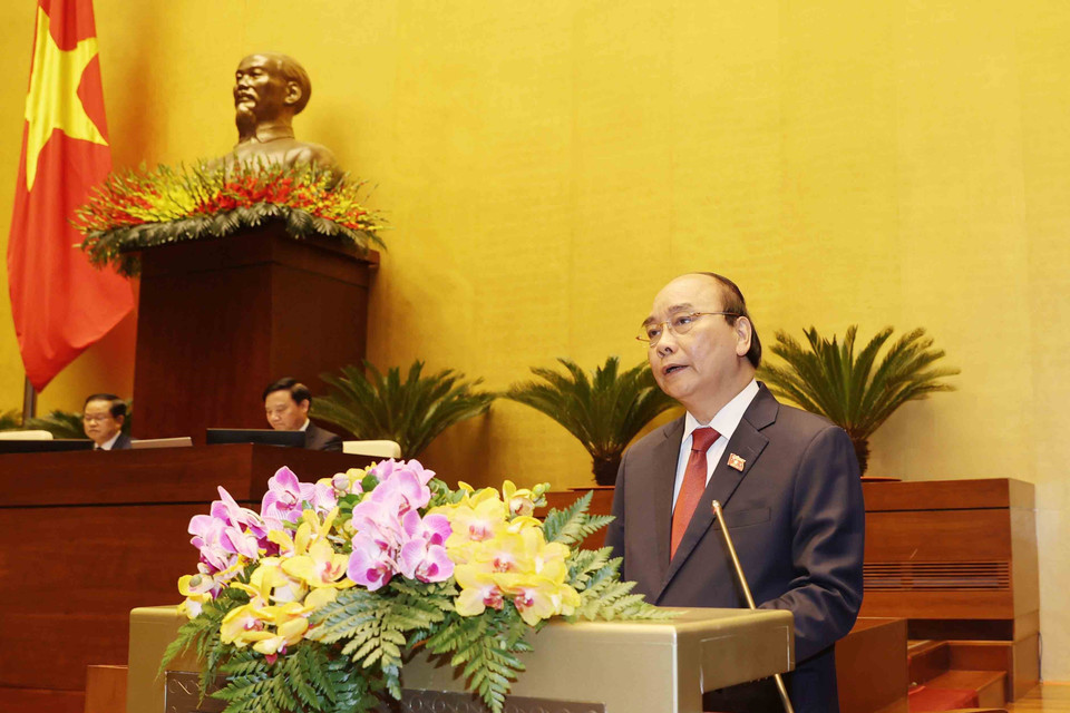 Chủ tịch nước Nguyễn Xuân Phúc phát biểu nhậm chức. (Ảnh: Trí Dũng/TTXVN)