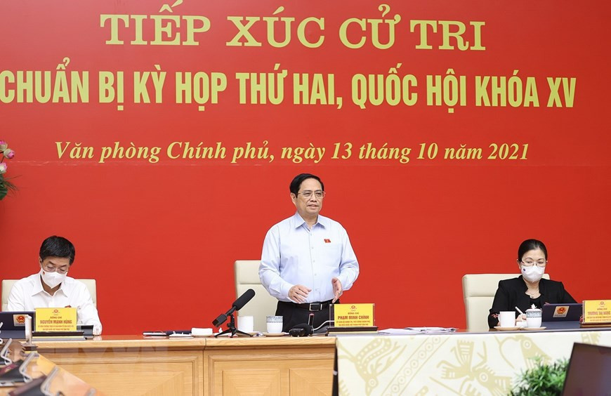 Thủ tướng Phạm Minh Chính đến dự và phát biểu chỉ đạo Hội thảo khoa học phục hồi kinh tế, thích ứng linh hoạt, an toàn với đại dịch COVID-19: Khắc phục đứt gãy kinh tế, tăng cường kết nối giữa các địa phương. (Ảnh: Dương Giang/TTXVN)