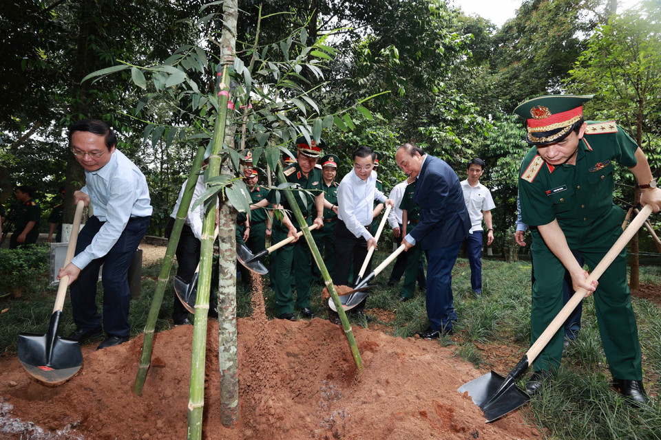 Chủ tịch nước Nguyễn Xuân Phúc cùng các đại biểu trồng cây tại Khu Di tích K9. (Ảnh: Thống Nhất/TTXVN)