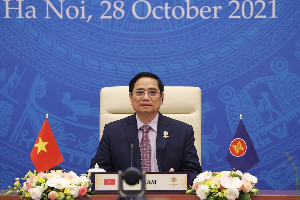 Hình ảnh Thủ tướng Phạm Minh Chính phát biểu tại Hội nghị cấp cao ASEAN-Nga lần thứ 4. (Ảnh: Dương Giang/TTXVN)