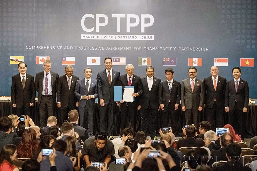 Hiệp định Ðối tác Toàn diện và Tiến bộ Xuyên Thái Bình Dương (CPTPP) đã được 11 nước tham gia chính thức ký kết vào đầu tháng 3/2018, trong đó, Việt Nam được đánh giá là thành viên tích cực tham gia đàm phán và ký kết. (Ảnh: THX/TTXVN phát)
