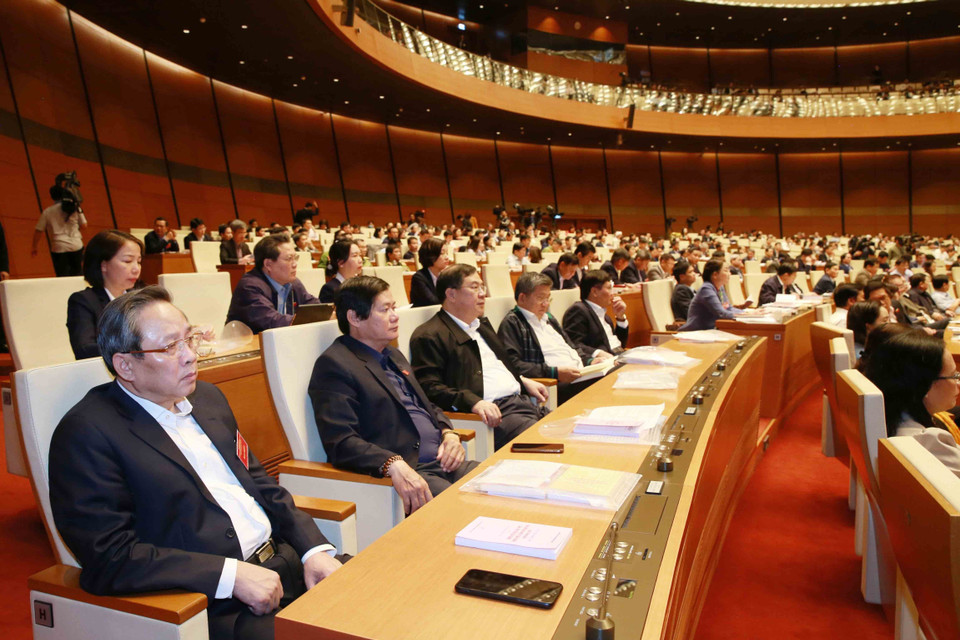 Các đại biểu dự Hội nghị tại điểm cầu chính - Phòng họp Diên Hồng, Nhà Quốc hội (Hà Nội). (Ảnh: Phương Hoa/TTXVN)