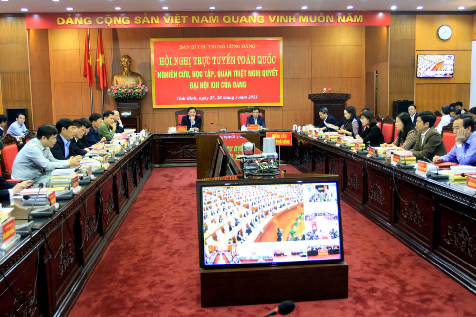 Quang cảnh Hội nghị quán triệt Nghị quyết Đại hội XIII của Đảng tại điểm cầu Tỉnh ủy Thái Bình. (Ảnh: Thế Duyệt/TTXVN)