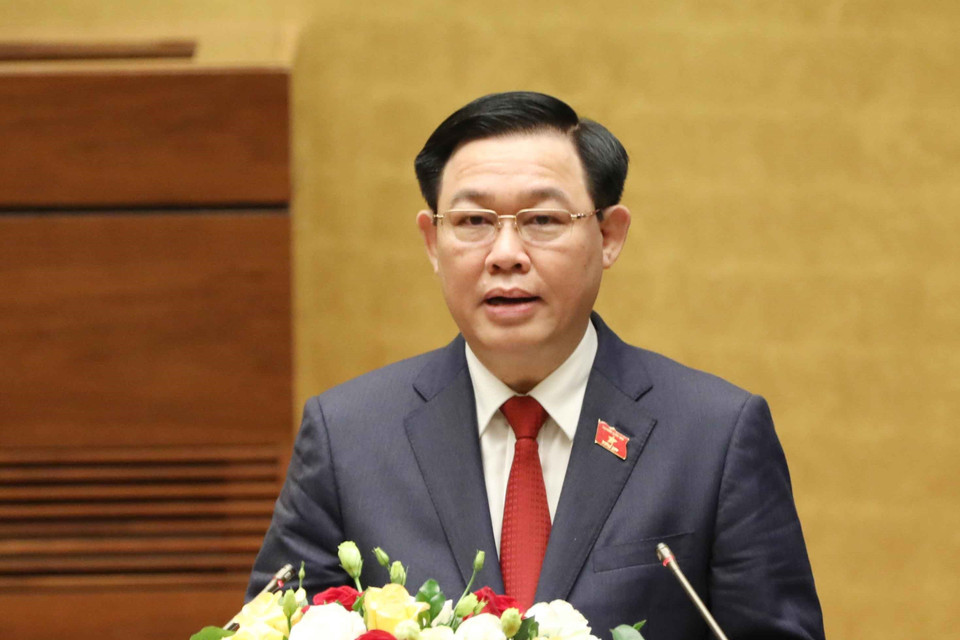 Chủ tịch Quốc hội Vương Đình Huệ, Chủ tịch Hội đồng Bầu cử quốc gia phát biểu tại lễ tuyên thệ nhậm chức. (Ảnh: Trí Dũng/TTXVN)