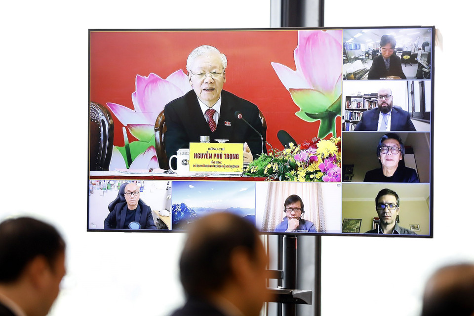 Tổng Bí thư, Chủ tịch nước Nguyễn Phú Trọng trả lời các câu hỏi của phóng viên cơ quan thông tấn, báo chí trong nước và quốc tế, được tiến hành trực tiếp và trực tuyến. (Ảnh: TTXVN)