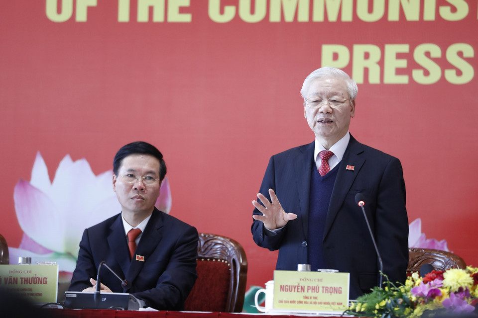 Đồng chí Nguyễn Phú Trọng, Tổng Bí thư Ban Chấp hành Trung ương Đảng khóa XIII, Chủ tịch nước CHXHCN Việt Nam chủ trì họp báo. (Ảnh: TTXVN)